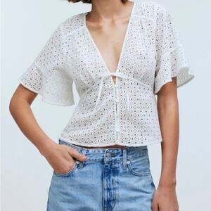 Madewell Top Womens Large White Tie Front Eyelet Flounce Sleeve Festival